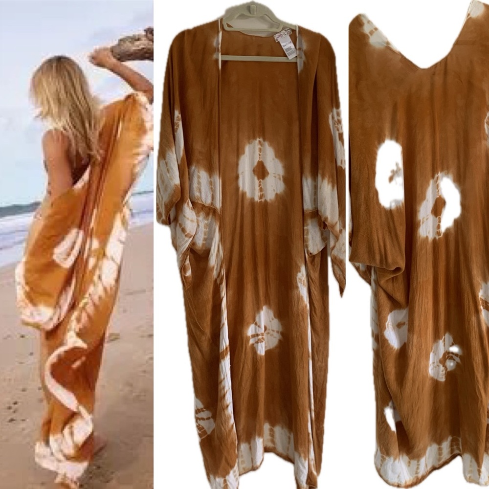 Preloved Free People Intimates tie dye spellbound robe mustard orange white OS